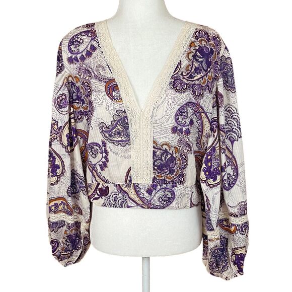 Band of the Free Mirabelle Crop Top Size L Cream Purple Paisley Lace Boho - Picture 1 of 6